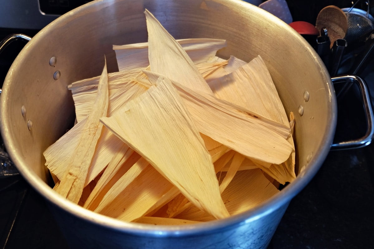 Soaking tamale husks